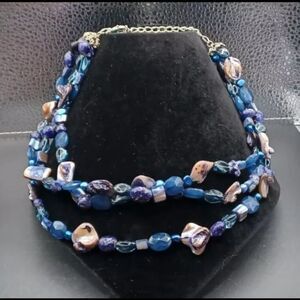 Marked EsMor Signed Blue Rock Bead 3 Strand Silvertone Statement Necklace NWOT